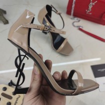 Saint Laurent Opyum Sandals In Patent Leather with Black Heel Apricot